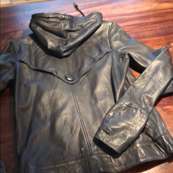 Dark navy hooded leather jacket - Picture 5 of 5